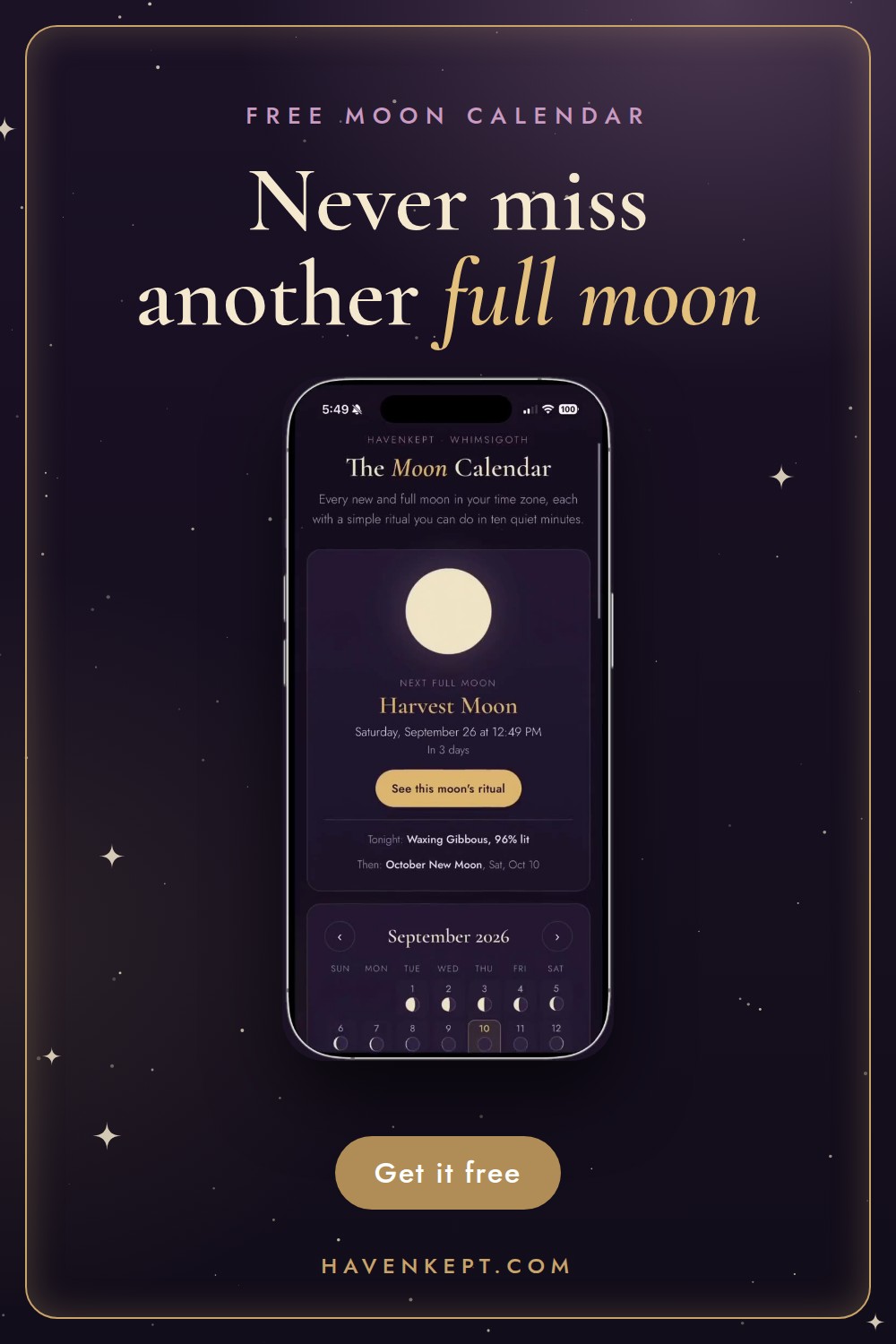Never miss another full moon. Free moon calendar from HavenKept.